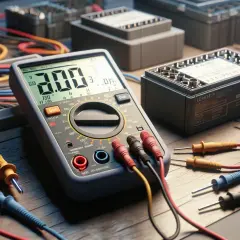 Multimetr pokazuje 3.00V. Widać przewody i elementy elektroniczne, jak wygląda włączony bezpiecznik.