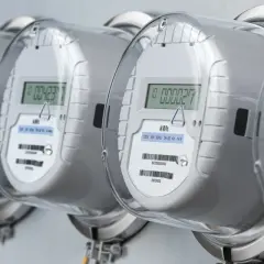 Rząd białych liczników energii elektrycznej z cyfrowymi wyświetlaczami.