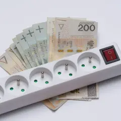 Przedłużacz z polskimi banknotami sugeruje możliwość uzyskania **zniżki na prąd**.