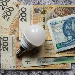 Żarówka LED na stosie polskich banknotów 200 zł i 50 zł. Symbolizuje koszty energii, prąd na kartę cennik.