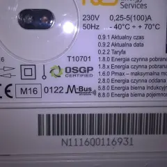 Numer licznika prądu N111600116931. Urządzenie z 2016 roku, z certyfikatem OSGP, pokazuje dane o zużyciu energii.