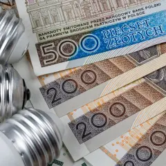 Żarówki leżą na banknotach 500 i 200 zł. Zastanawiasz się, ile kosztuje kWh prądu?