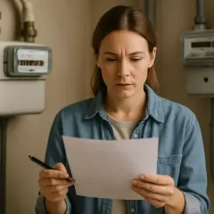 Zmartwiona kobieta sprawdza dokumenty przy licznikach. Czy to czas na przepisanie liczników na najemcę?