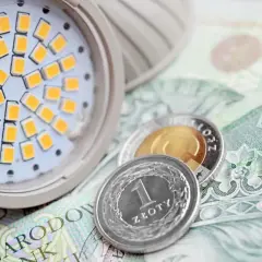 Żarówka LED i monety na banknocie 100 zł. Symbolizuje to wniosek o zamrożenie cen prądu dla gospodarstw domowych.