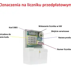 Cyfrowy licznik energii z klawiaturą i wyświetlaczem. Widoczny numer licznika, kod OBIS, wskazanie w kW, przyciski do wprowadzania kodu, wejście serwisowe i nazwa producenta.