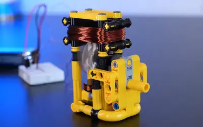 Model z klocków pokazuje, jak wytworzyć prąd z magnesu. Wirująca cewka miedziana nad magnesem generuje energię.