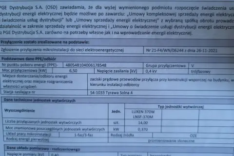 Dokument potwierdza wniosek o zwiększenie mocy przyłączeniowej dla mikroinstalacji fotowoltaicznej na Tyrawie Solnej 105.