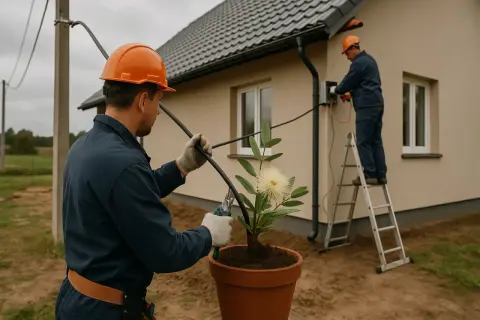 Pracownicy w kaskach podłączają dom do sieci energetycznej. Sprawdzają warunki przyłączenia do sieci energetycznej, dbając o bezpieczeństwo.