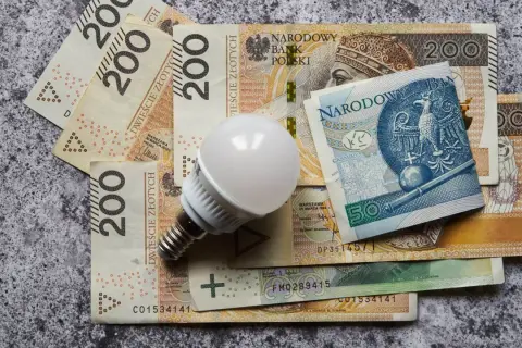 Żarówka LED na stosie banknotów 200 zł i 50 zł. Zastanawiasz się, ile kosztuje prąd w Polsce?