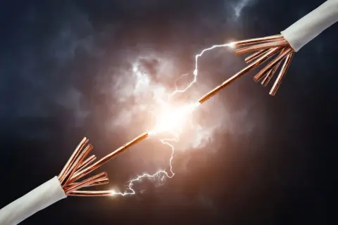 Dwa odsłonięte przewody miedziane iskrzą, ukazując, co to jest prąd elektryczny.