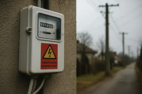 Licznik energii elektrycznej z ostrzeżeniem o porażeniu prądem. Nie wiadomo, po jakim czasie wyłączają prąd w tej okolicy.