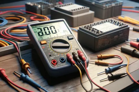Multimetr pokazuje 3.00V. Widać przewody i elementy elektroniczne, jak wygląda włączony bezpiecznik.