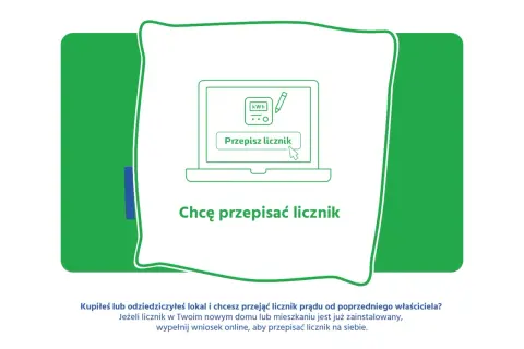 Grafika przedstawia ekran laptopa z przyciskiem "Przepisz licznik". Pod spodem napis "Chcę przepisać licznik". To instrukcja, jak złożyć wniosek o prąd.