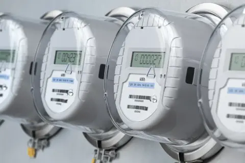 Rząd białych liczników energii elektrycznej z cyfrowymi wyświetlaczami.
