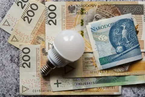 Żarówka LED na stosie polskich banknotów 200 zł i 50 zł. Symbolizuje koszty energii, prąd na kartę cennik.