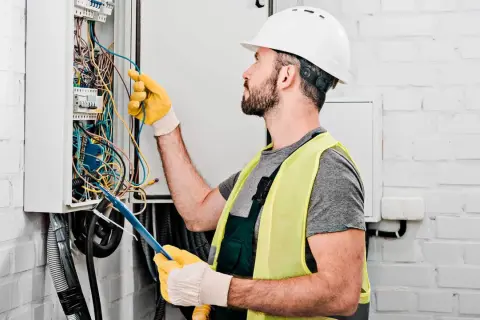 Elektryk w kasku i kamizelce odblaskowej pracuje przy skrzynce z przewodami. Dowiedz się, ile kosztuje instalacja elektryczna w domu.