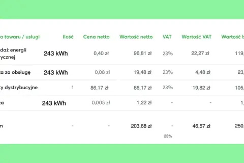 Przykładowy rachunek za prąd: sprzedaż energii 243 kWh, opłata za obsługę, dystrybucyjne i akcyza. Razem 250,25 zł.