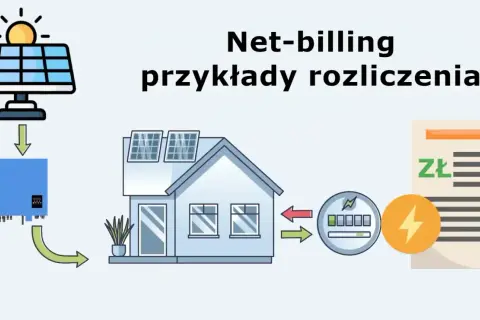 Schemat ilustruje zasady net-billingu: panele słoneczne, falownik, dom, licznik energii i rachunek.
