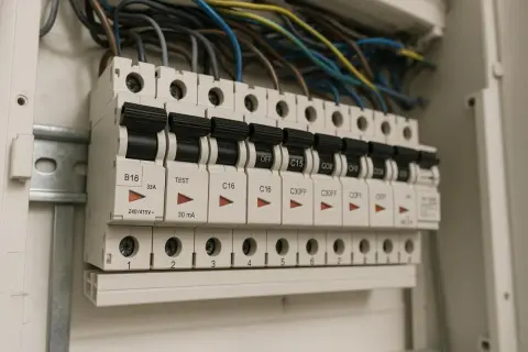 Panel z bezpiecznikami, gdzie widać dźwignie do wyłączenia korków w mieszkaniu.