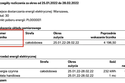 Szczegóły rozliczenia prądu, numer licznika 61, wskazanie 4196,50. Przepisanie licznika prądu po śmierci.