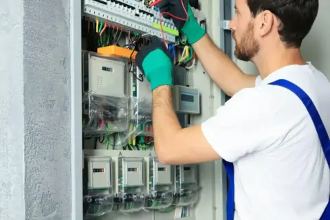 Elektryk sprawdza liczniki, by zapewnić obniżkę za prąd.