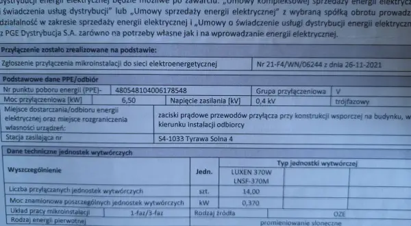 Dokument potwierdza wniosek o zwiększenie mocy przyłączeniowej dla mikroinstalacji fotowoltaicznej na Tyrawie Solnej 105.