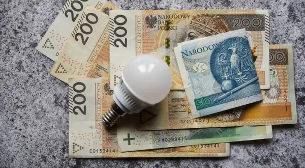 Żarówka LED na stosie banknotów 200 zł i 50 zł. Zastanawiasz się, ile kosztuje prąd w Polsce?