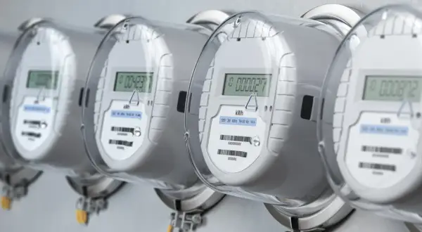 Rząd białych liczników energii elektrycznej z cyfrowymi wyświetlaczami.