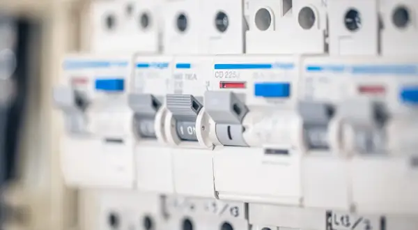 Szereg bezpieczników w skrzynce elektrycznej. Dowiedz się, jak włączyć korki w domu, przesuwając dźwignię do pozycji "ON".