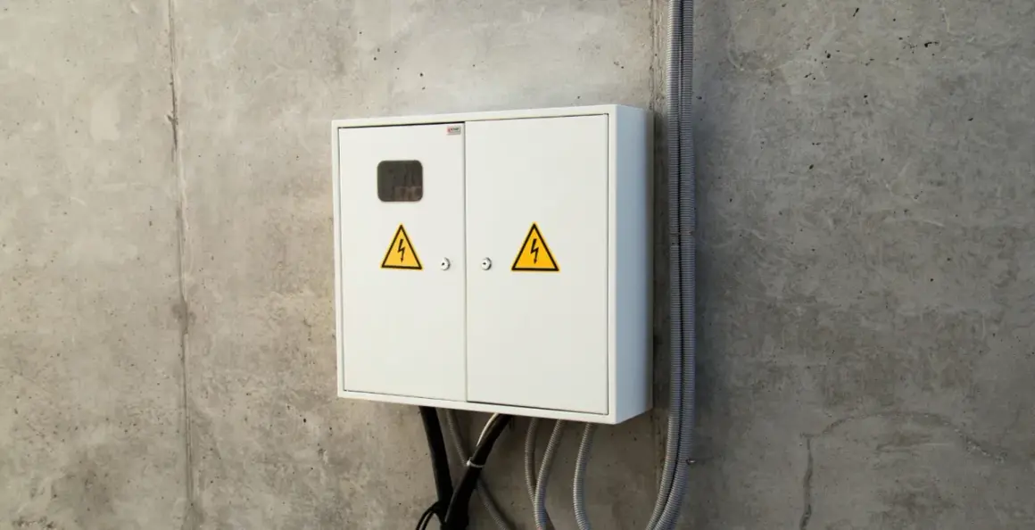 Biała skrzynka elektryczna z żółtymi symbolami ostrzegawczymi, gotowa do złożenia wniosku o przyłącze prądu.