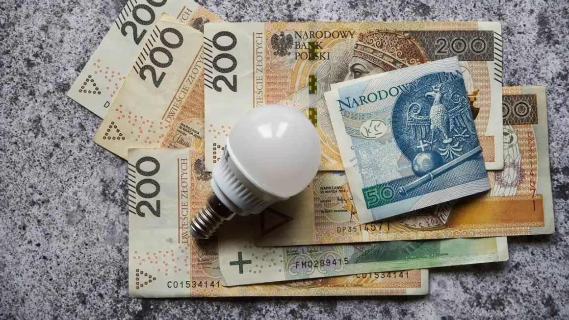 Żarówka LED na stosie banknotów 200 zł i 50 zł. Zastanawiasz się, ile kosztuje prąd w Polsce?