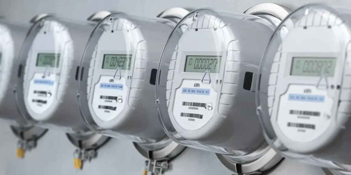 Rząd białych liczników energii elektrycznej z cyfrowymi wyświetlaczami.