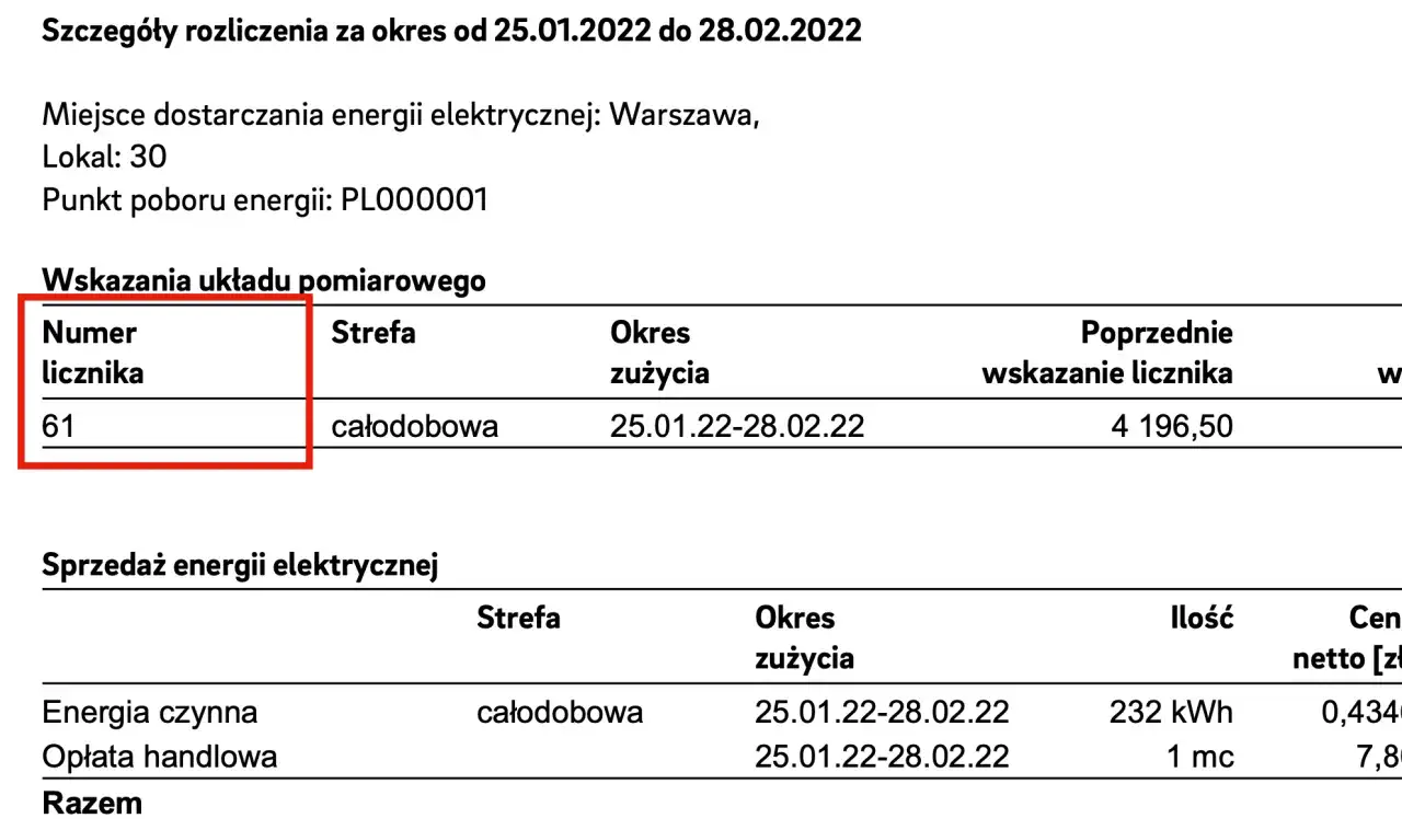 Szczegóły rozliczenia prądu: numer licznika 61, wskazanie 4196,50. Nie podano, ile kosztuje przepisanie licznika prądu.