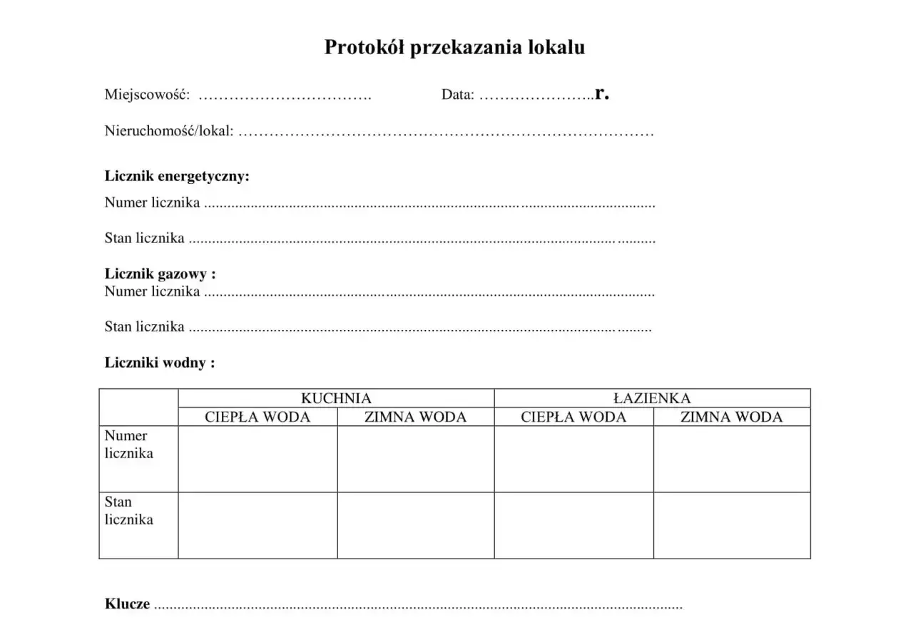 Protokół przekazania lokalu zawiera pola do wpisania danych nieruchomości, liczników energetycznych, gazowych i wodnych. Umożliwia przepisanie liczników na najemcę.
