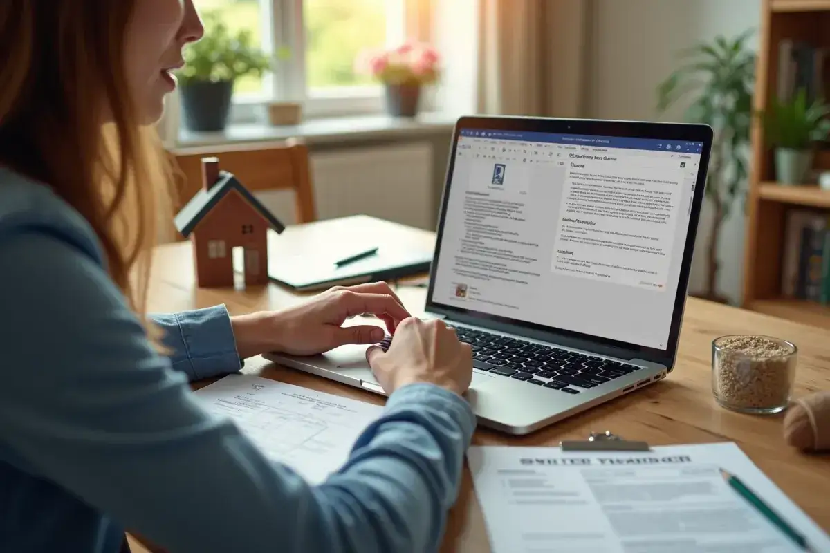 Kobieta pracuje przy laptopie, porządkując dokumenty. Na ekranie widać tekst dotyczący przepisania licznika prądu po śmierci.