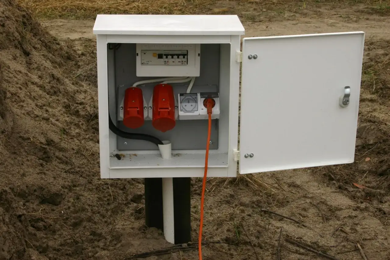 Skrzynka elektryczna z bezpiecznikami i gniazdami, gotowa do podłączenia licznika prądu. Pomarańczowy kabel wpięty do gniazda.