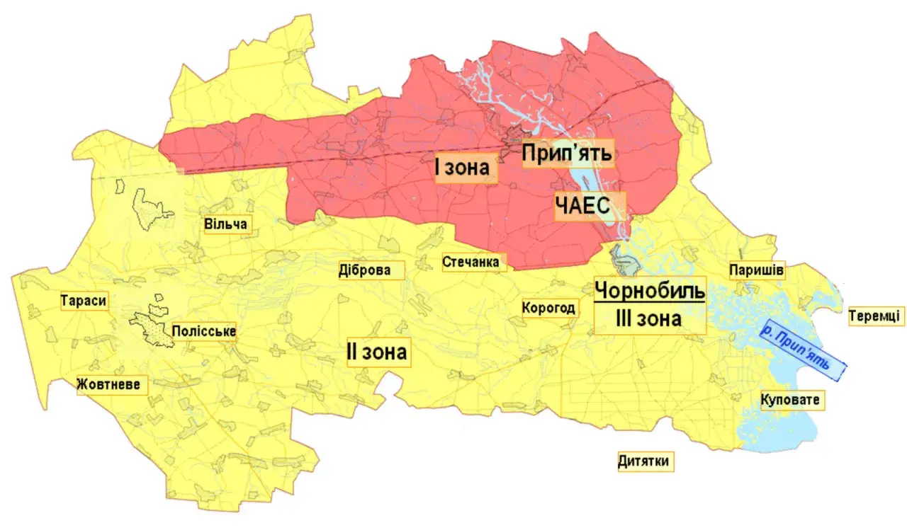 Mapa stref wokół Czarnobyla. Czerwona strefa I, żółta II, a zielona III. Pokazuje, czy Czarnobyl dalej promieniuje.